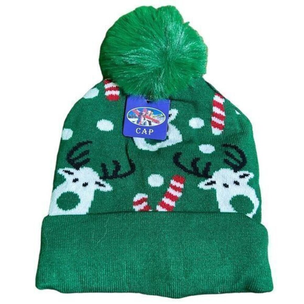 NWT Christmas Reindeer Candy‎ Cane Pom Pom Beanie Green